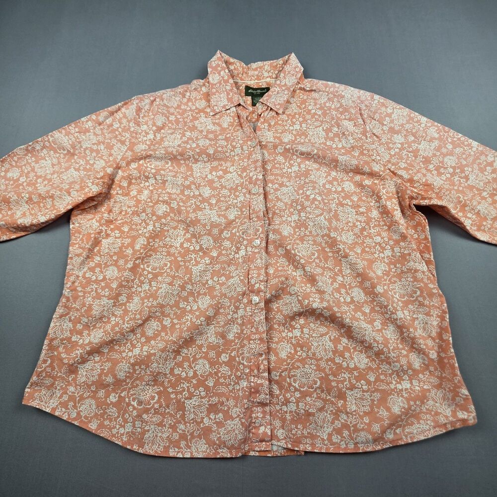 Eddie Bauer Womens Shirt XXL Plus Coral Peach White Floral Button Up Cuffed 3/4
